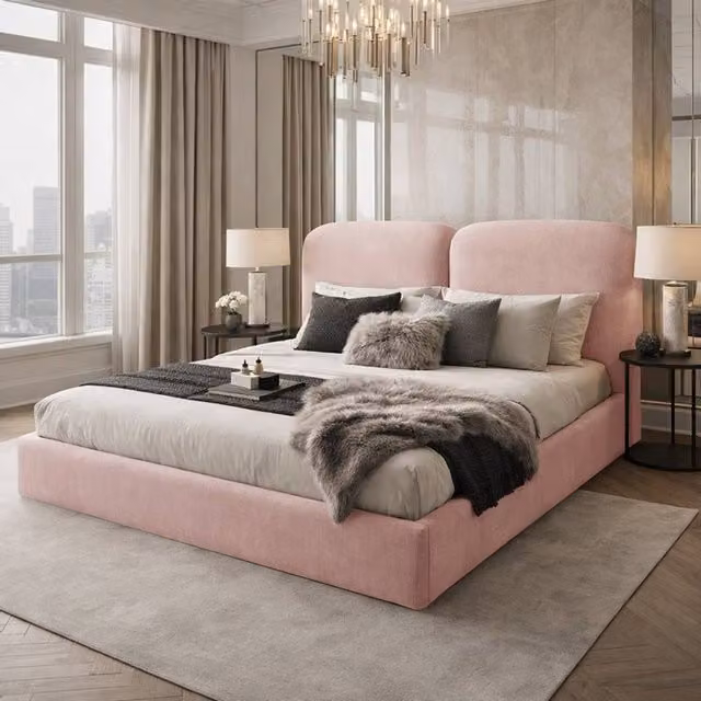 Desire Deco Alessia Upholstered Plush Velvet Bed Frame in Pink, Small Double (W/D/H: 120 x 200 cm)