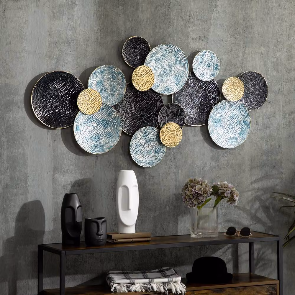 STILVORA Modern Geometric Metal Wall Art in Blue with Abstract Multi-Disc Design, 133 cm – 2