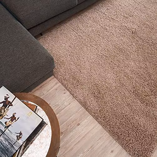 THE RUGS Beige Plain Shaggy Soft High Pile Square Rug, W/D: 120 x 120 cm – 3