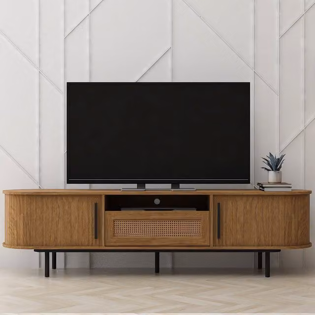 Kidsaw Modern Oak and Rattan TV Cabinet in Beige, Yellow and Brown