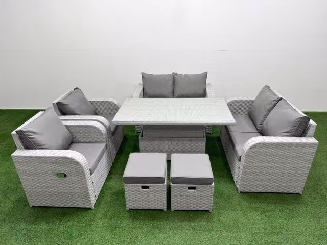 Fimous 8 Seater Rattan Garden Furniture Set in Light Grey with Reclining Chairs, 2 Seater Sofa, Ottomans and Adjustable Table