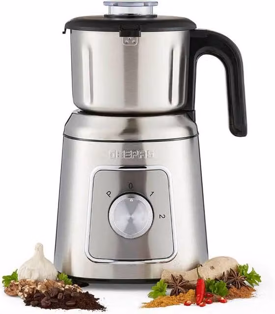 Geepas 600W Wet and Dry Mixer Grinder with 2 Speed Control and Pulse Function in Silver Stainless Steel