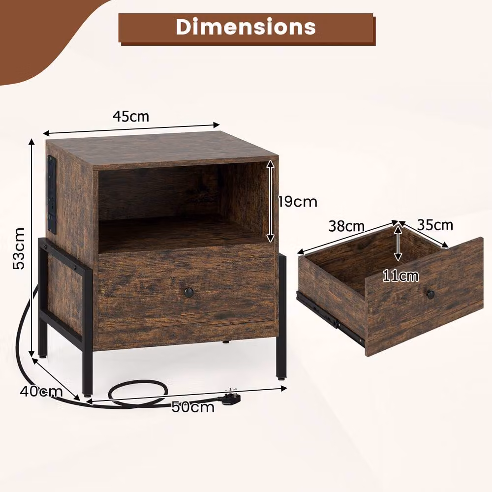 Costway 3-Tier Bedside Table with Drawer and Open Storage Shelf in Brown – 2