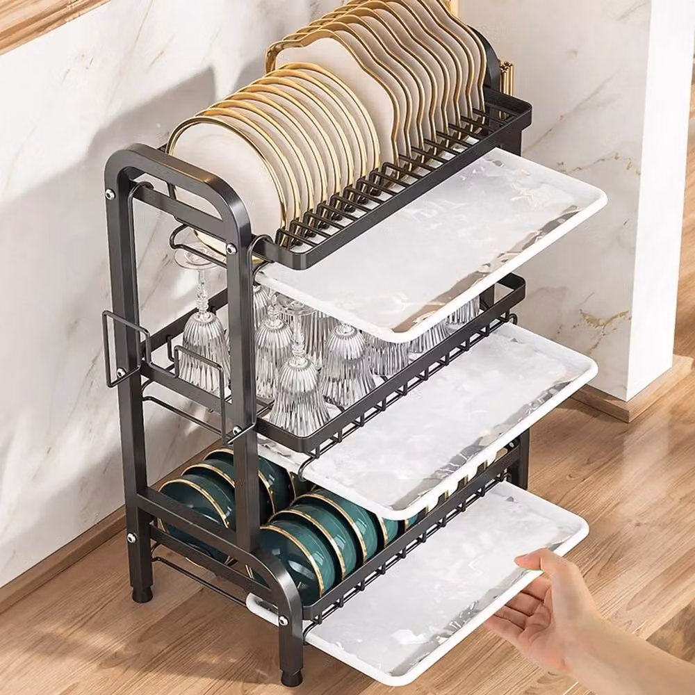 KORVIXA 3 Tier Dish Drainer Rack with Cutlery Holder and Drip Tray in Black Coated Steel – 6