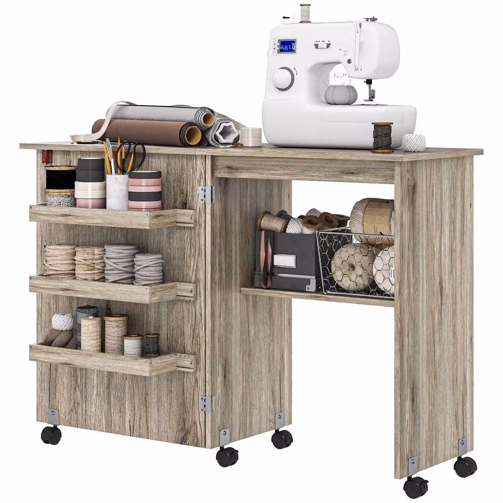 STILVORA Grey Sewing Table with Folding Drop Leaf Top and Castors, W/D/H: 117.0 x 77.5 x 40.0 cm – 3
