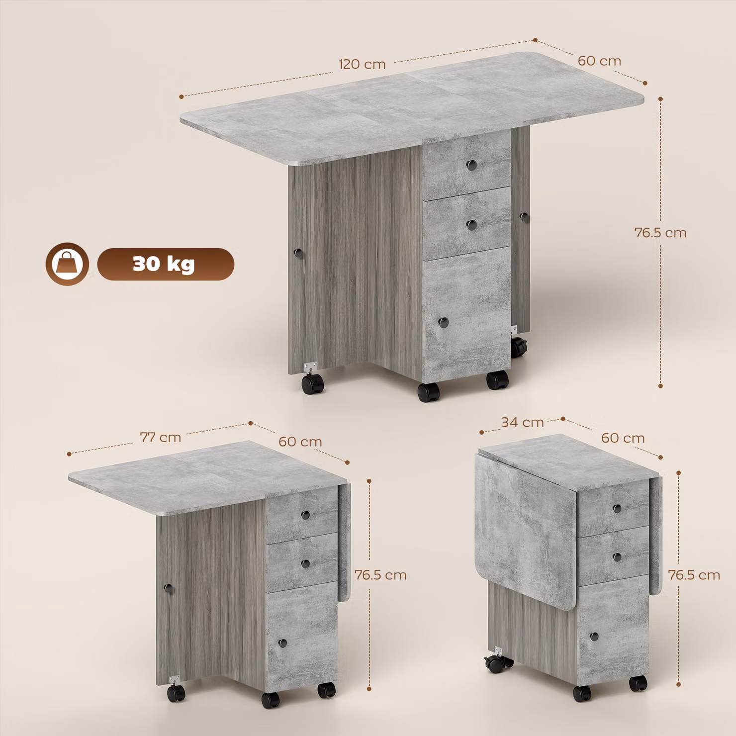HOMCOM Modern Grey Foldable Drop Leaf Dining Table with Drawers and Storage Cabinet – 3