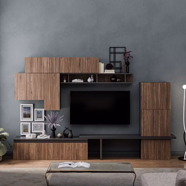 Decorotika Verona Wall Mounted Modern Entertainment Center in Black with Geometric Alina Pattern
