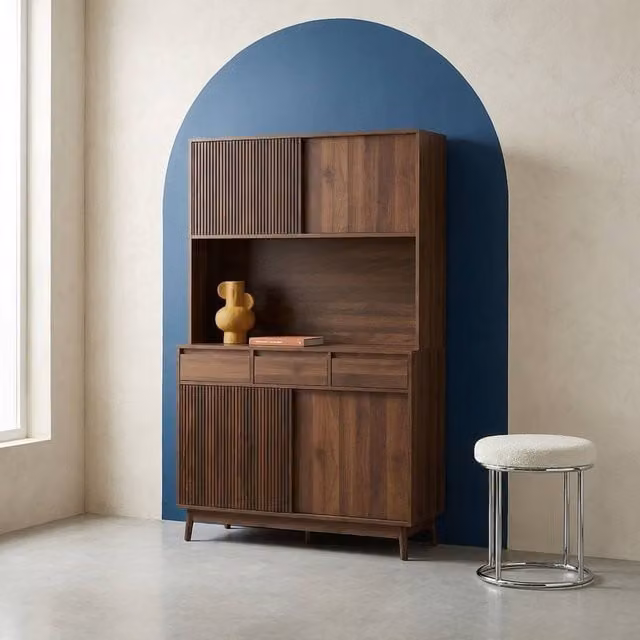 sweeek Kitchen Sideboard with 3 Drawers in Dark Brown Wood Decor, W: 110 cm, D: 40 cm, H: 185 cm