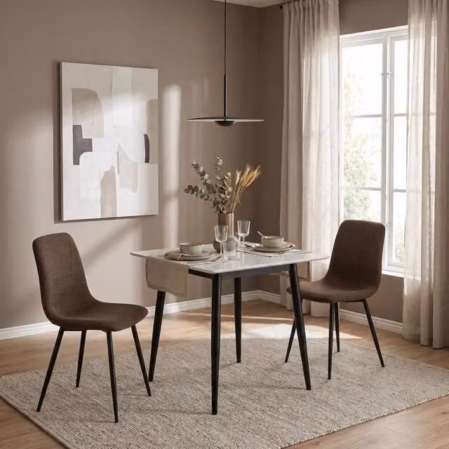 FWStyle 3-Piece Modern Square Dining Set with Cream Marble Effect Ceramic Table and Dark Brown Chairs