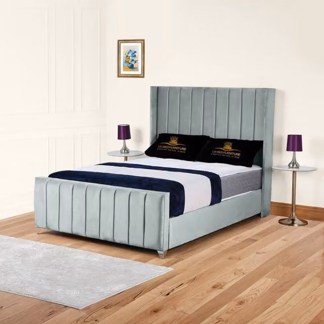 UK Bed Furniture Empire Winged Slatted Base Upholstered Velvet Bed in Grey, Size: 180 x 200 cm