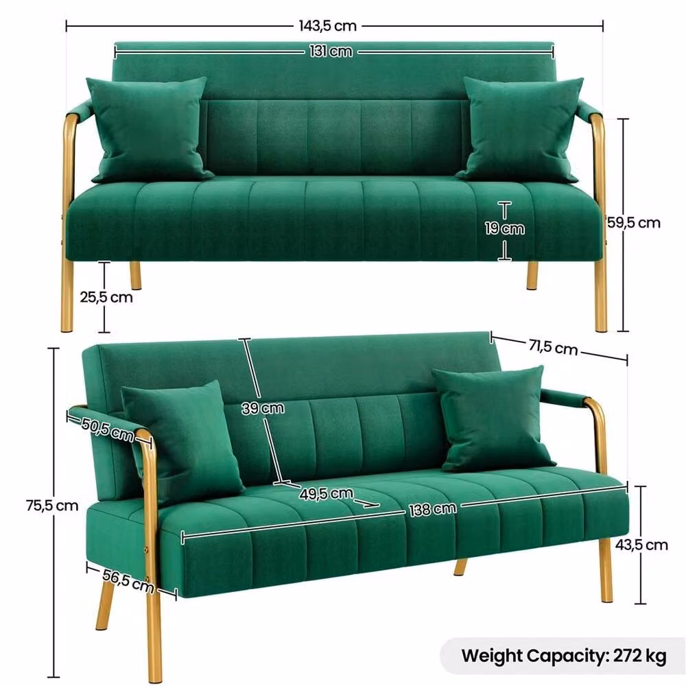 VOGREX Green Velvet Loveseat with Gold Accents and Scatter Cushions, W/D/H: 143.5 x 75.5 x 71.5 cm – 2