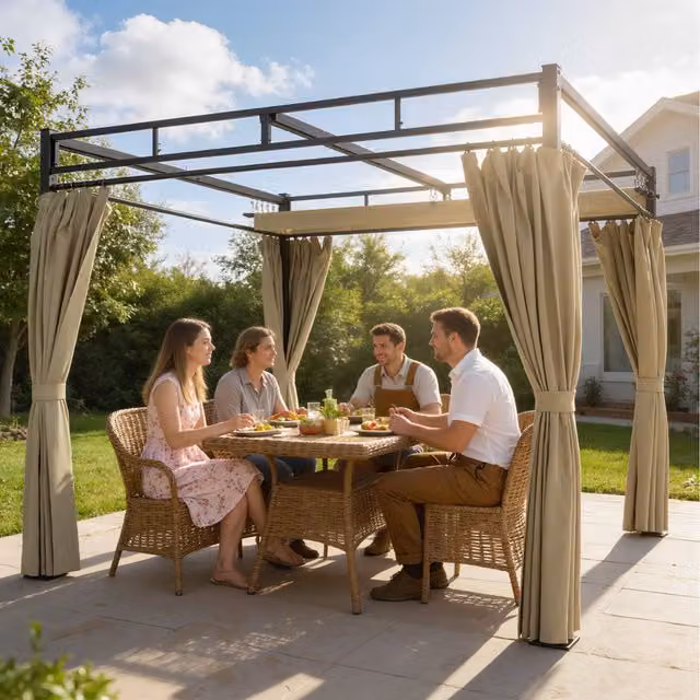 Outsunny Brown Garden Pergola with Retractable Canopy and Curtains, W/D/H: 300 x 300 x 300 cm