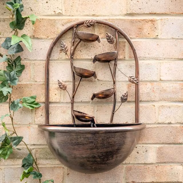 Primrose Cascading Leaf Wall Mounted Water Feature Fountain with Lights in Bronze – 1