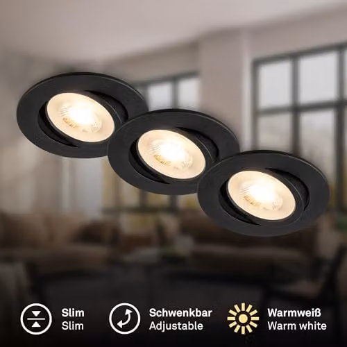 Briloner Set of 3 Adjustable LED Recessed Downlights with GU10 Bulbs, Warm White, Black, H x W x D: 8.0 x 6.0 x 2.2 cm – 2