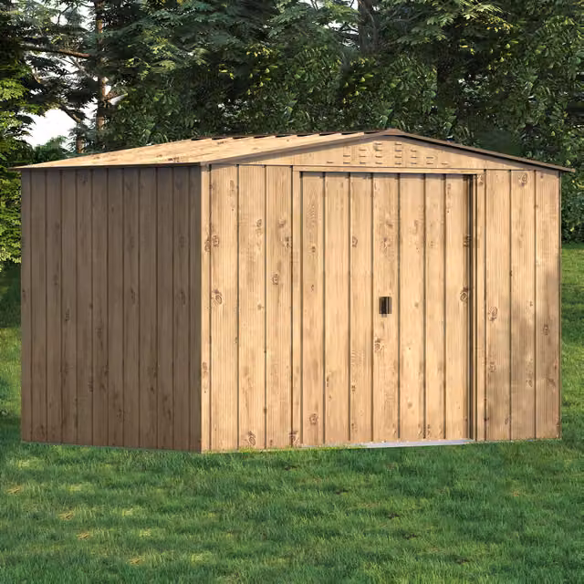 BillyOh Top Woodgrain Apex Metal Shed in Brown with Sliding Gable Doors
