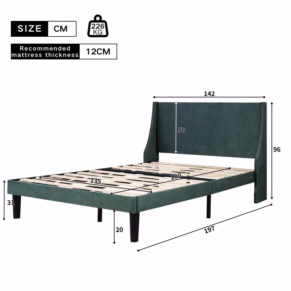 Matteo Single Velvet Bed with Winged Headboard in Green – 3