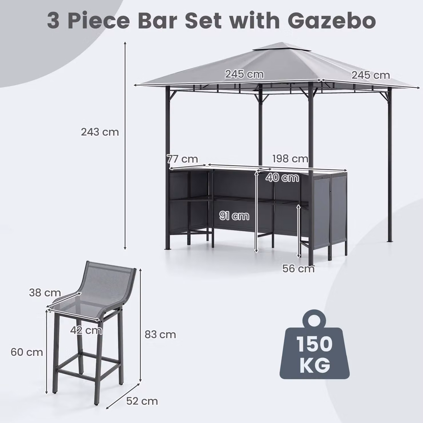 Gymax 3 Piece Grey Patio Bar Set with Grill Gazebo, Table and Bar Stools, W/D/H: 245 x 245 x 243 cm – 2