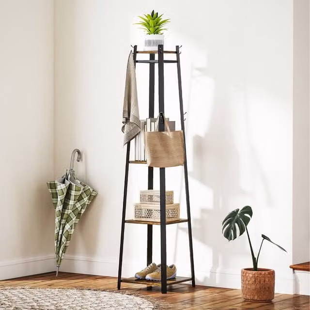 HOMCOM Industrial Clothes Rack with 8 Hooks and 3 Tier Metal Shelf in Brown and Black