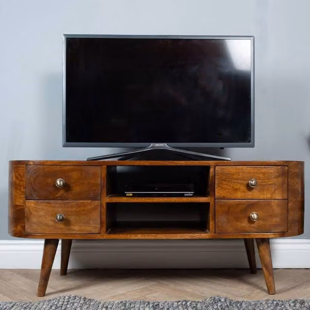 Elm Home And Garden Mid Century Mango Wood TV Unit in Brown with 4 Drawers, H46 x W110 x D35 cm