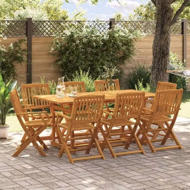 Berkfield Home 9 Piece Acacia Wood Garden Dining Set in Brown, W/D/H: 180 x 90 x 75 cm
