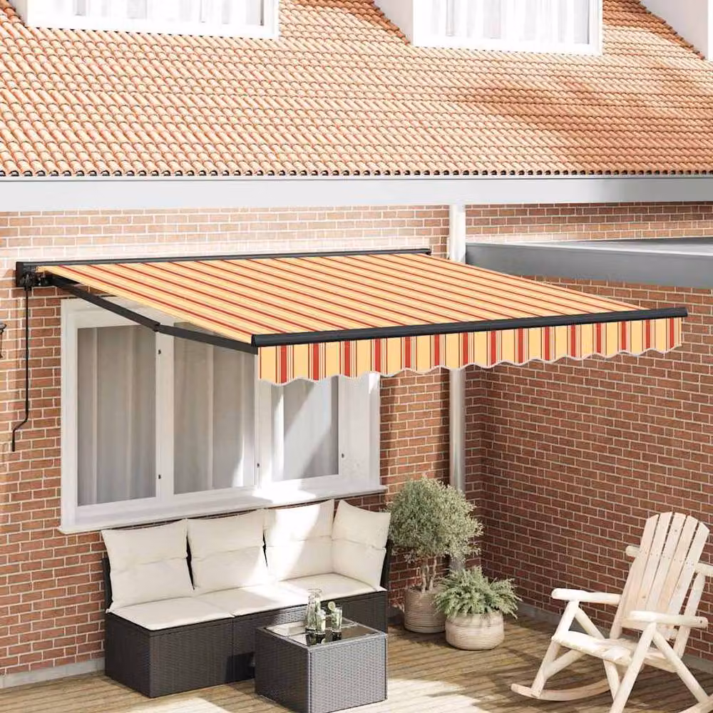 Berkfield Home Manual Retractable Folding Arm Awning in Yellow, Orange and Grey, W: 300 cm, D: 250 cm – 2