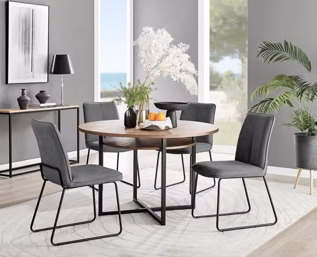 FurnitureboxUK Adley Brown Wood Round Dining Table and 4 Halley Chairs in Dark Grey – 1