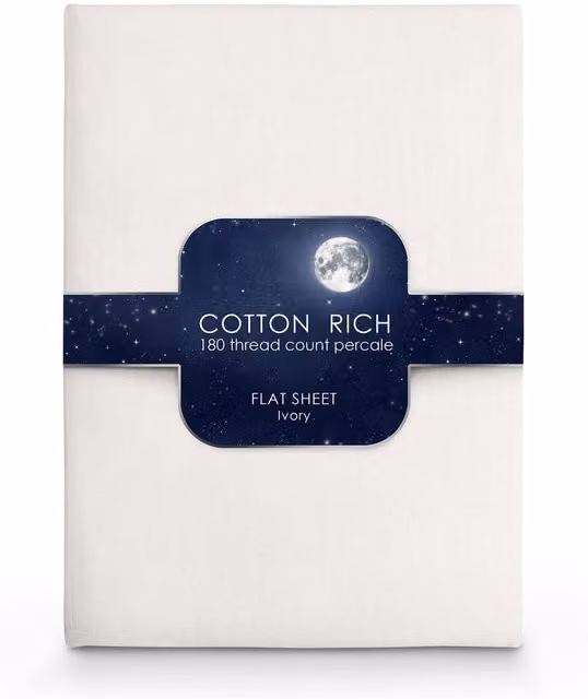 Intimates Cotton Rich Plain Dye Flat Sheet in Ivory, Size: Single, W: 90 cm, L: 200 cm