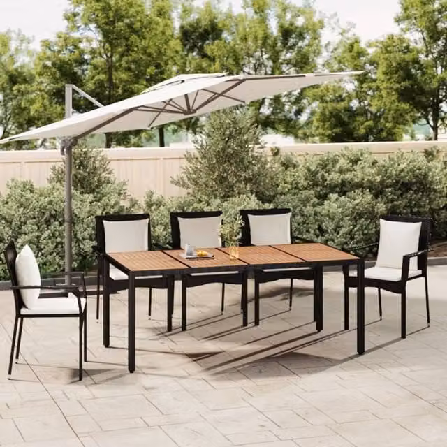 Berkfield Home Modern Garden Table with Black Poly Rattan and Acacia Wood Top – 1