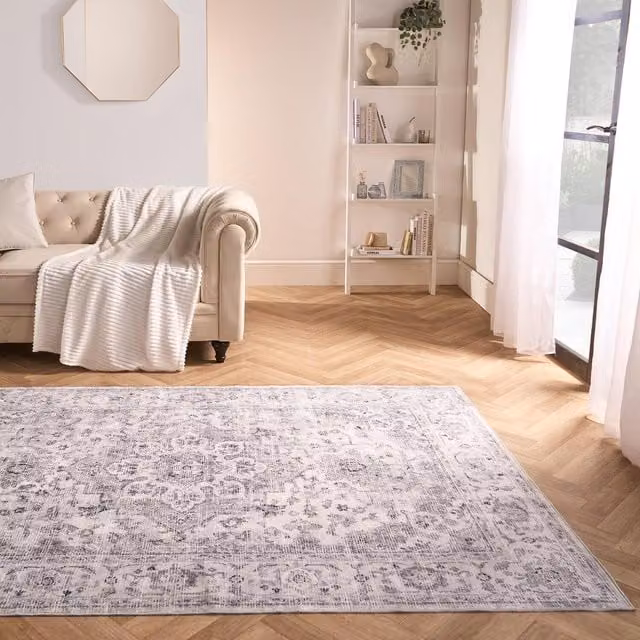 OHS Vintage Print Washable Rectangular Rug in Grey, 160 cm