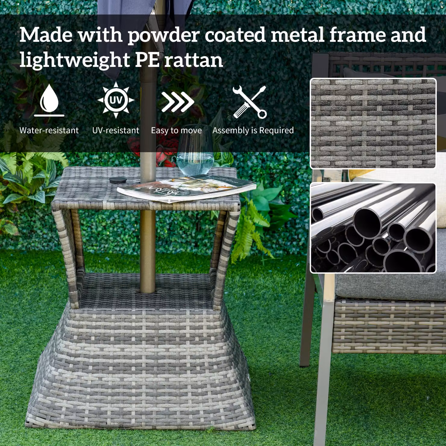 Outsunny Grey Rattan Wicker Outdoor Patio Coffee Table with Umbrella Hole and Storage Space – 6