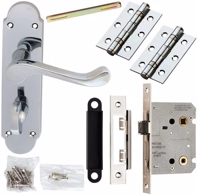 Loops Chrome Door Handle and Bathroom Lock Pack with Upturned Scroll Thumb Turn Backplate