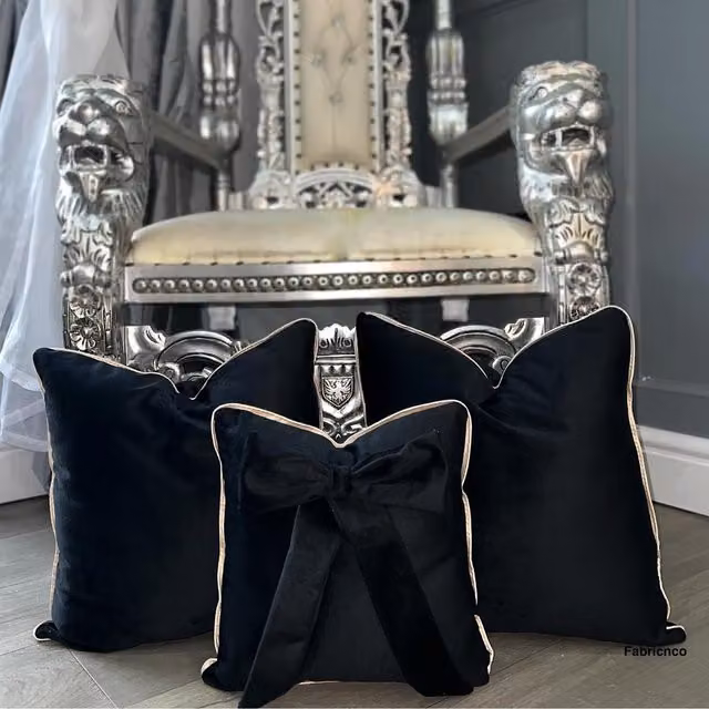 FABRICNCO Black and Cream Plush Velvet Square Cushion Set with Piping