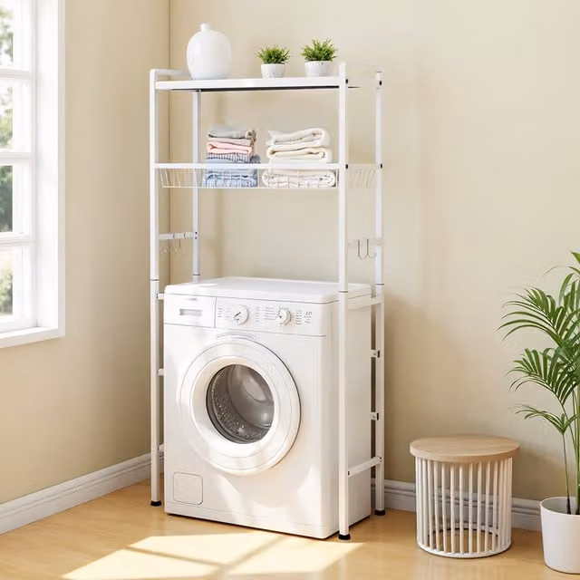 Komore White Metal Freestanding Over Washing Machine Storage Unit with Adjustable Shelves