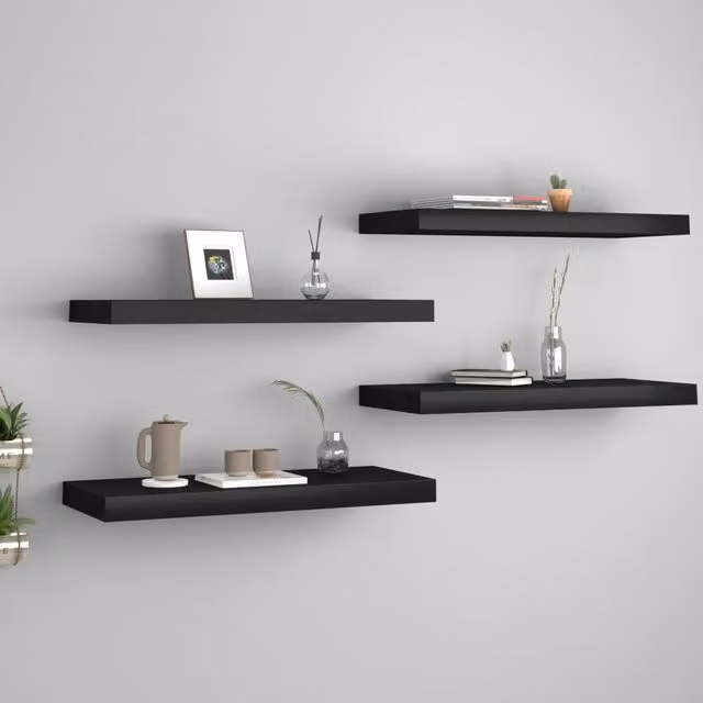 Berkfield Home Set of 4 Black Floating Wall Shelves, W: 60 cm, D: 23.5 cm, H: 3.8 cm – 1