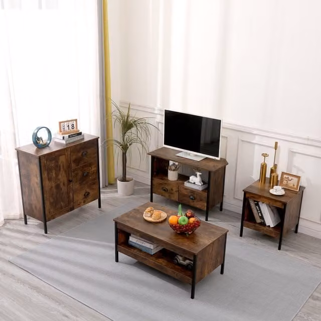 HMD Living Room Furniture Set in Brown and Black, including Coffee Table, Lamp Table, Corner TV Unit and 1 Door 3 Drawer Cabinet