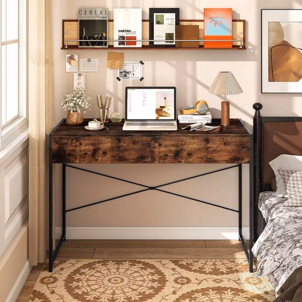 KORVIXA Compact Brown Writing Desk with Heavy-Duty Metal Frame, W/D/H: 100 x 100 x 90 cm – 3