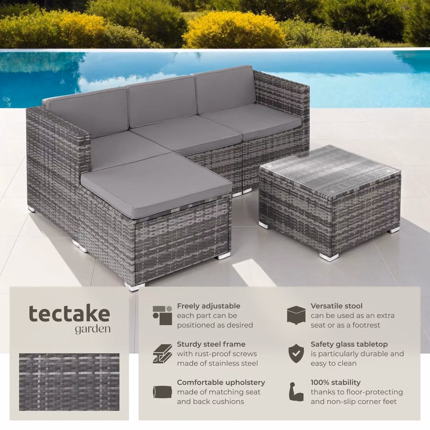 tectake Lignano Grey Polyrattan Garden Furniture Set for 4 People with Upholstered Cushions and Coffee Table – 2