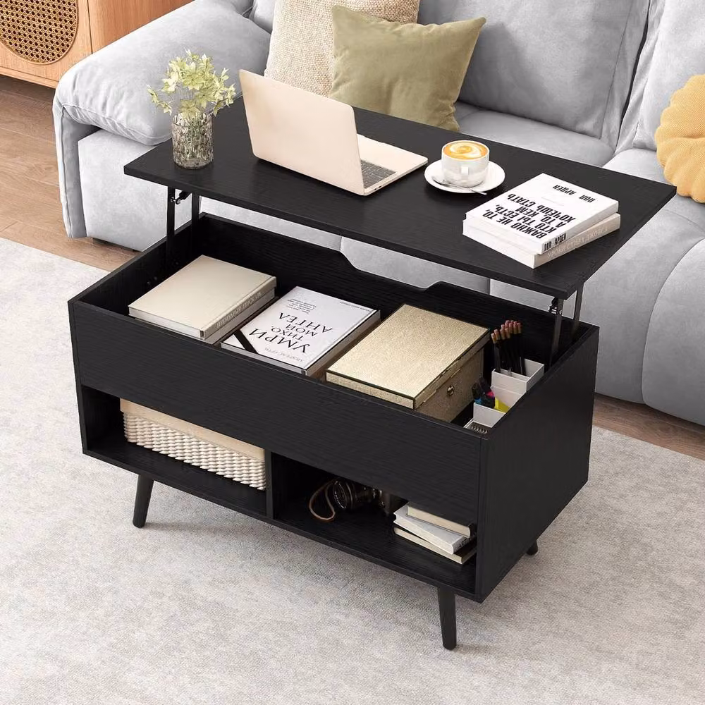 Ventryn Black Mid-Century Lift Top Coffee Table with Open Storage Shelves – 3