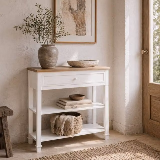 Wyld Haus Sacoso Retro Console Table with Drawer and Two Shelves in White, W/D/H: 75.6 x 27.5 x 80.5 cm – 1