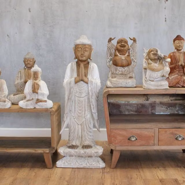 Serenityy Hand-Carved Freestanding Buddha Statue in White Wood, Height: 100 cm