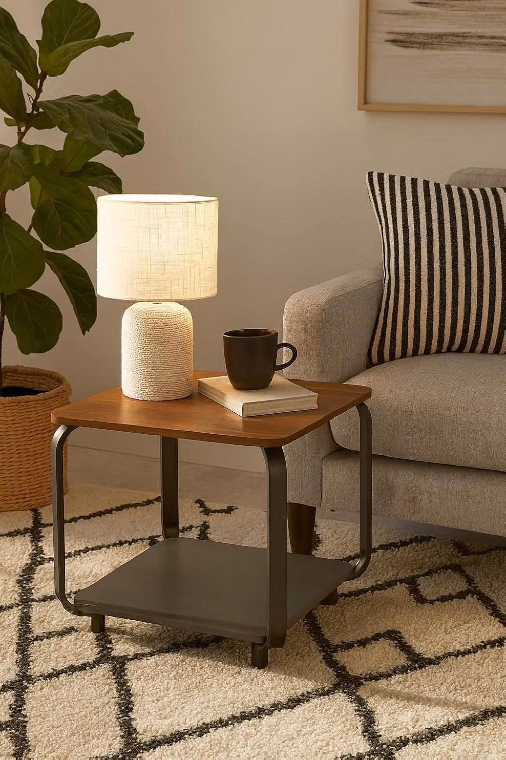 SPOT ON DEALZ 2 Tier Walnut Wood Side Table with Black Metal Frame, W/D/H: 45.5 x 45.5 x 60 cm – 3