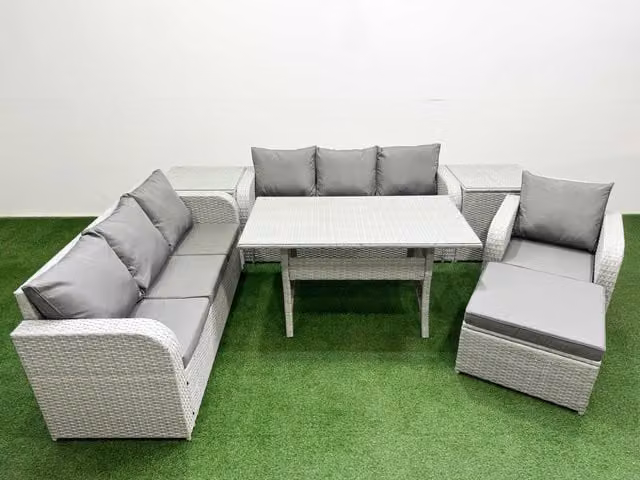 Fimous 8 Seater Poly Rattan Outdoor Garden Furniture Set in Grey with Rectangular Dining Table, 3 Seater Sofa and Reclining Chairs