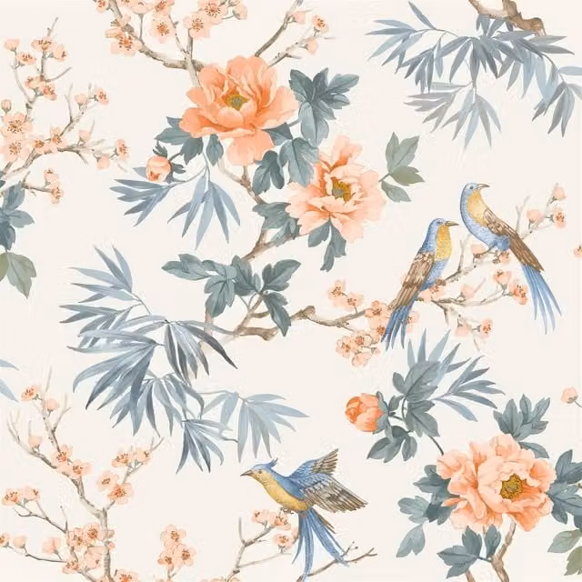 Rasch Chinoiserie Orange Floral and Botanical Animal Pattern Wallpaper Roll