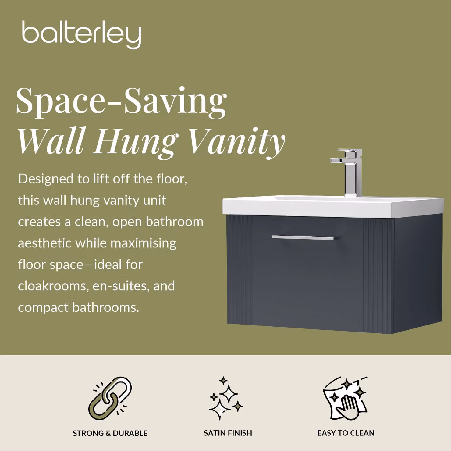 Balterley Wall Hung 1 Drawer Vanity Unit with Mid-Edge Basin, Satin Dark Grey, W: 60 cm, D: 39.9 cm, H: 60 cm – 2