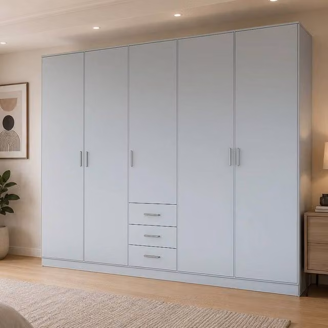 KDMD Chelsea Grey 5 Door Wardrobe with 3 Integrated Drawers, H 185 x W 200 x D 50 cm