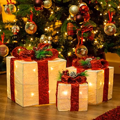 The Christmas Workshop Set of 3 Light-Up Christmas Boxes with Red Bow, White and Red, featuring 65 Warm White LED Lights and Timer Functionality – 4