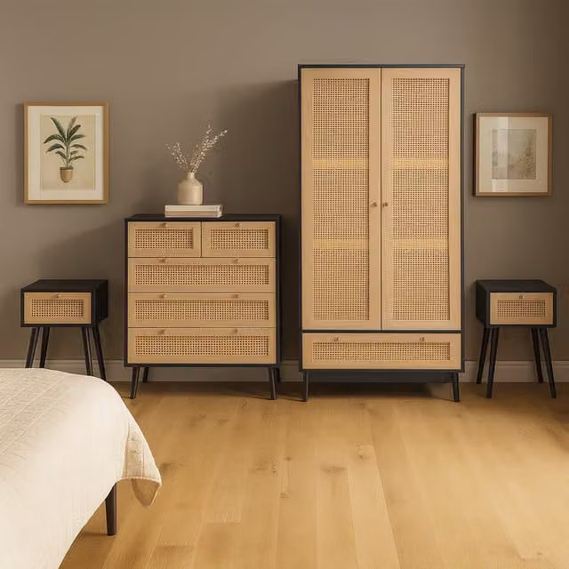 Birlea 4 Piece Black and Gold Wooden Furniture Set with Rattan Details