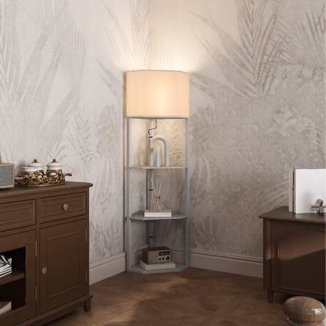 HOMCOM Modern Corner Floor Lamp with 3 Shelves and Fabric Shade in Grey