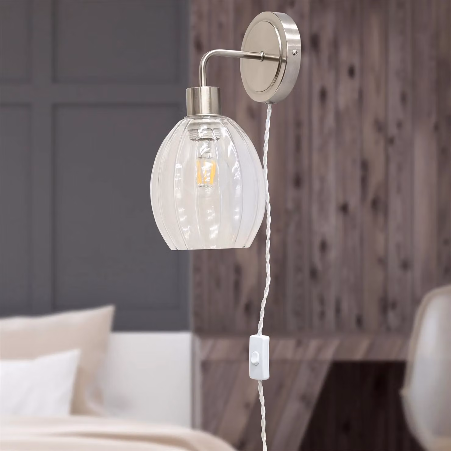 First Choice Lighting Toby Set of 2 Silver Plug in Wall Lights with Transparent Glass Shades – 2