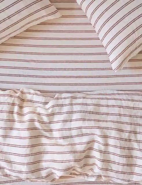 Piglet In Bed Kemptown Stripe Linen Rich Fitted Sheet, Red Mix, 180 x 200 cm
